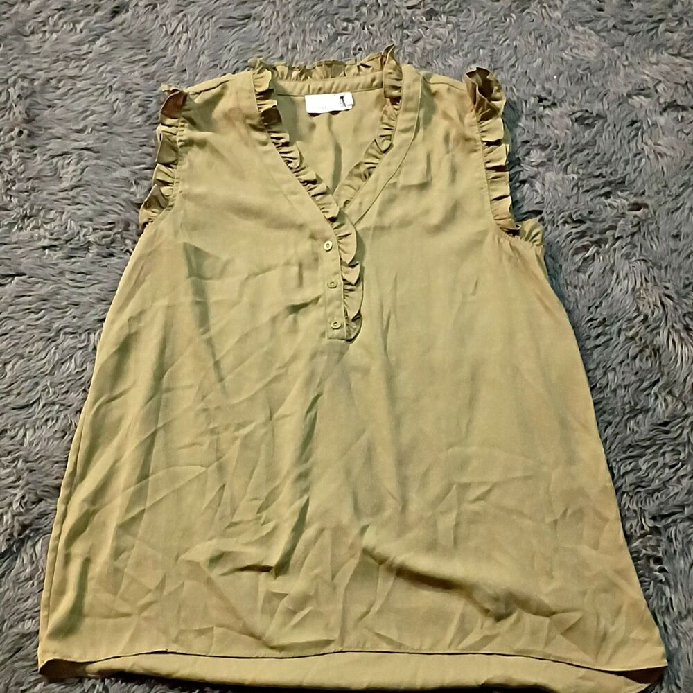 Everleigh Olive Solid Sleeveless V-Neck Ruffle Collarless Blouse Top M Y2k